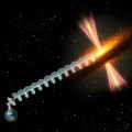 Schematische weergave (niet op schaal) van de circulaire polarisatie die wordt gedetecteerd in radiogolven van een zware protoster die is omgeven door een schijf, en een bipolaire jet aandrijft. © AG Cheriyan, IIST