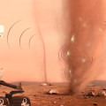 Artist’s impression van de detectie van elektrische ontladingen in stofhozen door het SuperCam-instrument aan boord van de Perseverance-rover op Mars. © Nicolas Sarter