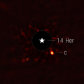 Webb-opname van exoplaneet 14 Herculis c. Het stersymbool geeft de positie van zijn moederster 14 Herculis aan, waarvan het heldere licht is afgeschermd. © NASA, ESA, CSA, STScI, William Balmer (JHU), Daniella Bardalez Gagliuffi (Amherst College)