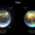 De ontwikkeling van wolken op Titan, tussen 4 en 6 november 2022 vastgelegd met de Webb-ruimtetelescoop (links) en de Keck-telescoop (rechts).  © NASA, ESA, CSA, W.M. Keck Observatory/A. Pagan (STScI)