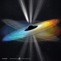 Artist’s impression van het superzware zwarte gat in het centrum van M87, met zijn schommelende schijf en jet. © Yuzhu Cui et al. 2023, Intouchable Lab@Openverse & Zhejiang Lab