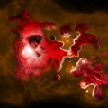 Artist’s impression van het vroege sterrenstelsel CRISTAL-13. Stofrijke gebieden onttrekken pasgeboren sterren aan het zicht.  © NSF/AUI/NRAO/B. Saxton