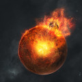 Impressie van de grote botsing waarbij Mars in zijn jonge jaren bij betrokken was. Door de botsing ontstond een omvangrijke oceaan van magma, die grote brokken puin diep in de planeet begroef. © Vadim Sadovski/Imperial College London