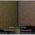 De eerste afbeelding in zichtbaar licht van een groene aurora op Mars (links), vastgelegd door Marsrover Perseverance. Rechts een opname zonder aurora, maar mét lichtsporen van het maantje Deimos. © NASA/JPL-Caltech/ASU/MSSS/SSI