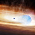 Artist’s impression van een botsing tussen een zwart gat en een naburige zware ster (blauw). © Melissa Weiss/CfA