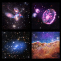 De vier eerste opnamen van de Webb-ruimtetelescoop zijn hier voorzien van een ‘röntgentintje’ (lichtblauw). © X-ray: NASA/CXC/SAO; IR (Spitzer): NASA/JPL-Caltech; IR (Webb): NASA/ESA/CSA/STScI