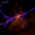 ‘Opname’ uit een computersimulatie van de vorming van de eerste sterren en sterrenstelsels. Linksboven is de leeftijd in miljoenen jaren van het heelal aangegeven.  © Harley Katz/University of Oxford