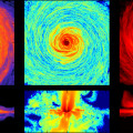 Simulatie van een schijfvormig sterrenstelsel-in-wording. De plaatjes tonen dwarsdoorsneden (boven) en verticale doorsneden van de schijf. De kleuren geven de dichtheid van de kosmische straling aan. © Werhahn/AIP
