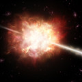 Artistieke weergave van een exploderende ster met gammaflits. © ESO/A. Roquette