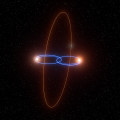 Artist’s impression van 2M1510 (AB) b, een planeet die in een loodrechte baan om twee bruine dwergen draait. © ESO/L. Calçada