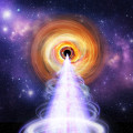 Artist’s impression van het centrale gebied van de blazar BL Lacertae, een superzwaar zwart gat, omringd door een heldere schijf en een jet die richting aarde wijst. © NASA/Pablo Garcia