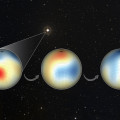Het variërende magnetische veld van de ster Iota Horologii op drie verschillende tijdstippen. Gemiddeld voltooit de ster zijn magnetische cyclus in 2,1 jaar. © AIP/J. Alvarado-Gómez; background: Digitized Sky Survey - STScI/NASA.