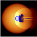 Simulatie van de botsing tussen de kern van Jupiter en een andere planeet, wat schokgolven en turbulente vermenging veroorzaakt. © Thomas Sandnes/Durham University