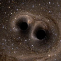 Illustratie van de versmelting van twee zwarte gaten. © Caltech