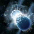 Deze artist's impression toont de botsing tussen twee neutronensterren. Nieuwe waarnemingen wijzen erop dat bij zulke botsingen zware elementen, zoals goud, ontstaan.  © Dana Berry, SkyWorks Digital, Inc.