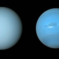 Deze foto’s van Uranus (links) en Neptunus (rechts), zijn in de jaren 80 van de twintigste eeuw gemaakt door ruimtesonde Voyager 2. © NASA/JPL-Caltech/B. Jónsson