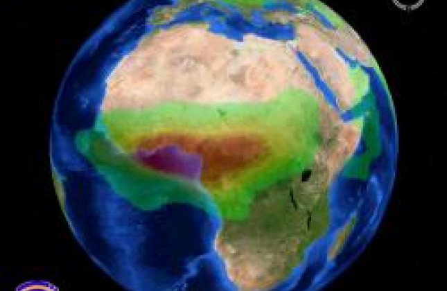 Projectie van koolmonoxide-waarnemingen van SCIAMACHY op de Google Earth aardbol laat zien dat vooral boven Centraal-Afrika de concentraties hoog zijn (Bron: SRON)