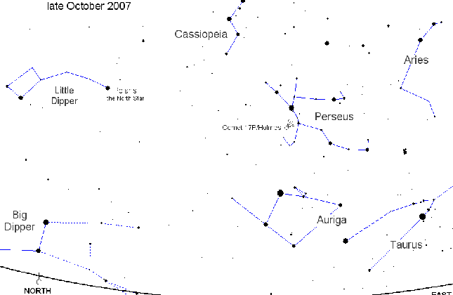 Plaats aan de hemel waar komeet Holmes te zien is. Bron: www.spaceweather.com