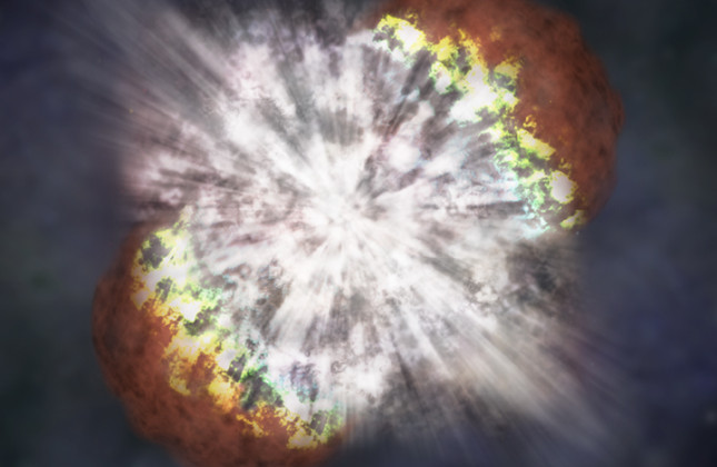 Artist's concept van supernova SN2006gy laat de helderste supernova ooit zien. Hij werd in september 2006 ontdekt in melkwegstelsel NGC 1260 in het sterrenbeeld Perseus. Deze supernova is niet alleen de helderste ooit waargenomen, maar ook de duur van de 