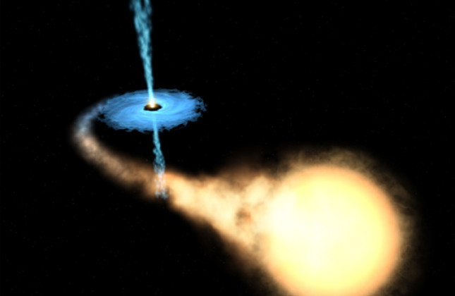 Cygnus-X1 is een bekende röntgen-dubbelster in het sterrenbeeld Zwaan. Het is het eerste zwarte gat dat ooit is waargenomen. Op deze tekening zie je dat het zwarte gat (midden van de blauwe schijf) het gas van de normale ster (voorgrond) naar zich toe tr