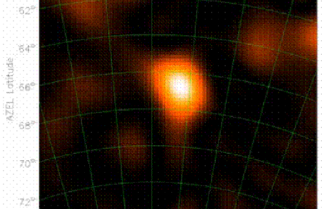 De afbeelding toont een valse-kleur radiokaart van een gedeelte van de lage-frequentie radiohemel boven het LOPES-experiment ten tijde van de inslag van de kosmische straling. De heldere bol in het midden van de afbeelding is de radioflits. De hemelcoörd