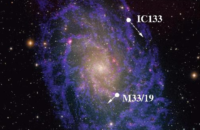 Positie van twee waterdampwolken (IC133 en M33/19) en hun beweging ten gevolge van de rotatie van het stelsel. 