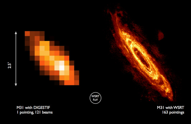 De afbeelding aan de linkerkant is het resultaat van een waarneming van de Andromedanevel (M31) van slechts 6,7 seconden. Omdat het APERTIF-prototype op dit moment slechts in één Westerborkschotel geplaatst is, zijn de verkregen beelden niet erg scherp.