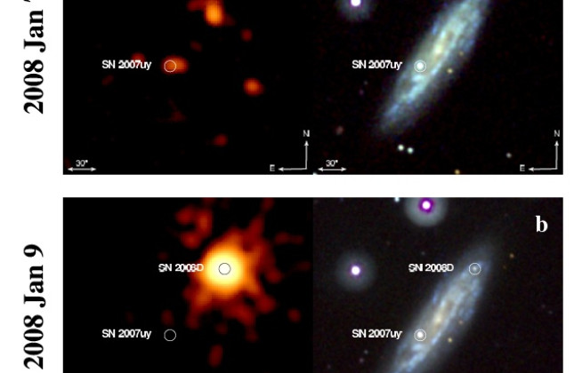 Röntgen- (links)  en UV-beeld (rechts)  van voor en na de explosie van SN2008D