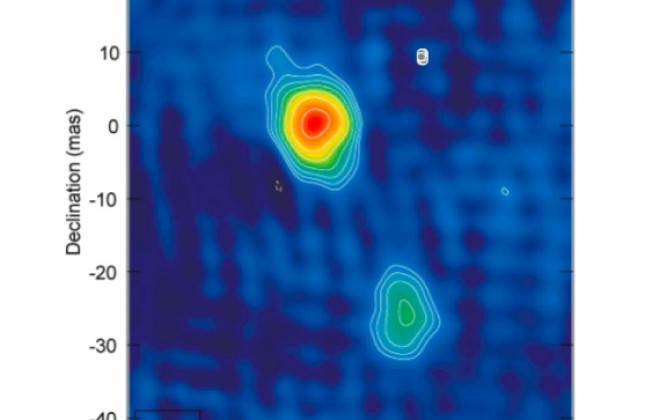 Quasar J1427+3312 op een golflengte van 18 cm. De dubbele morfologie en het radiospectrum impliceren dat de leeftijd van de quasar een paar duizend jaar is.

