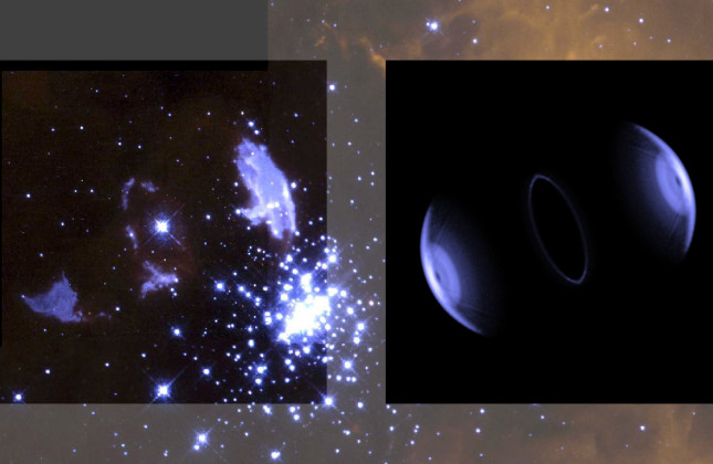 Opname van de Sher 25 nevel door de Hubble Space Telescope plus het overeenkomstige resultaat van het computermodel.
