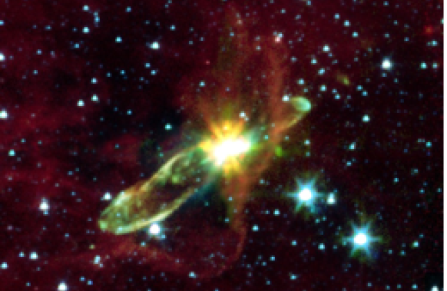Infraroodopname van de protoster HH46, genomen met de Spitzer Space Telescope. De groene straling geeft de straalstroom van de jonge ster weer. Het onderzoek van Tim van Kempen heeft aangetoond dat juist aan de randen van deze straalstroom het gas en stof