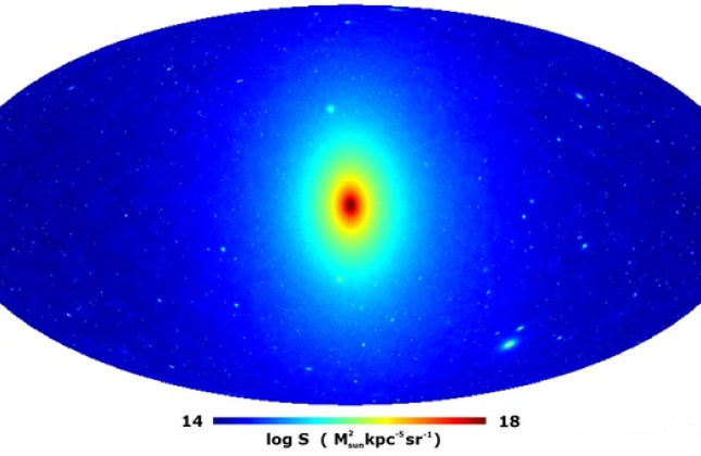 ‘all-sky map’ van de zwakke gammastraling, geproduceerd door de vernietiging van donkere materie in de halo van de Melkweg, zoals voorspeld in het onderzoek. Het galactisch centrum is de helderste bron. De gammastraling zou gedetecteerd kunnen worden 