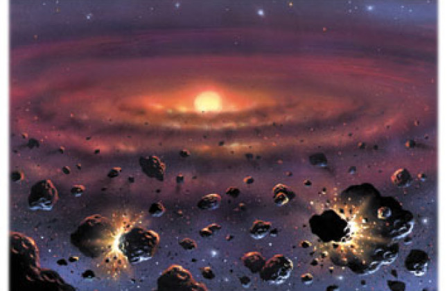 Impressie van de protoplanetaire schijf, waarin de planeten van ons zonnestelsel zijn ontstaan. (Illustratie: David A. Hardy)