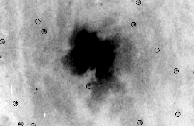 Detail-opname (in negatief) van de kern van M51. De blauwe reuzensterren zijn omcirkeld.
Foto Hubble Space Telecope