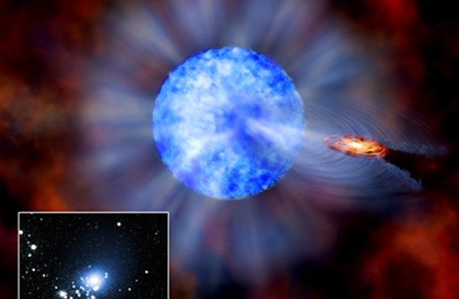 Een impressie van de dubbelster M33-X7 in het melkwegstelsel M33 (Driehoeksnevel).  De begeleidende ster behoort met een massa van 70 keer die van de zon tot een van de allerzwaarste sterren (weergegeven in blauw). Het zwarte gat bevindt zich in het midde