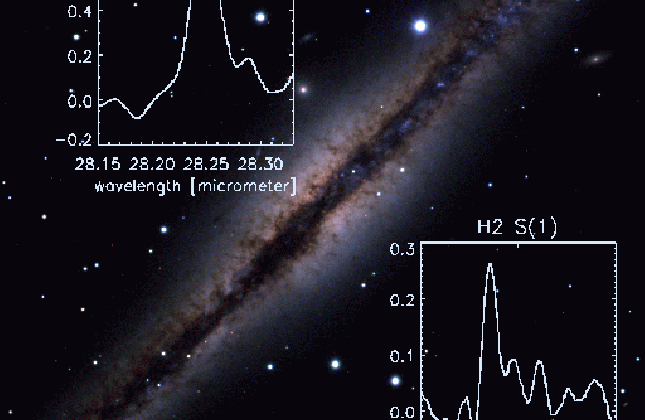 Optical photograph of NGC 891 thanks to Blair Savage, Chris Howk (U. Wisconsin)/N.A.Sharp (NOAO)/AURA/NSF 
ISO-SWS data from Valentijn and van der Werf / SRON Blair Savage, Chris Howk (U. Wisconsin)/N.A.Sharp (NOAO)/AURA/NSF 
ISO-SWS data from Valentijn