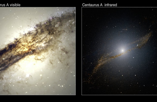 Centaurus A in zichtbaar licht (links) en nabij-infrarood (rechts) (c) ESO