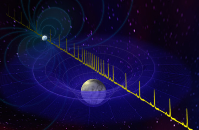 Artistieke impressie van PSR J1614-2230. Pulsen van de neutronenster worden vertraagd als ze de witte dwerg op de voorgrond passeren. Door dit effect konden astronomen de massa van dit dubbelstersysteem bepalen. Credit: Bill Saxton, NRAO/AUI/NSF
  Credit