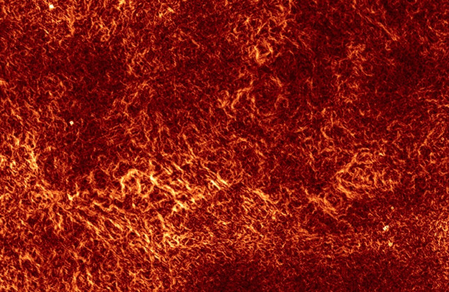 Turbulentie in het interstellaire gas: de slangen zijn gebieden in het gas waar de dichtheid en het magnetisch veld snel veranderen als gevolg van turbulentie. Image credit: B. Gaensler et al. Data: CSIRO/ATCA