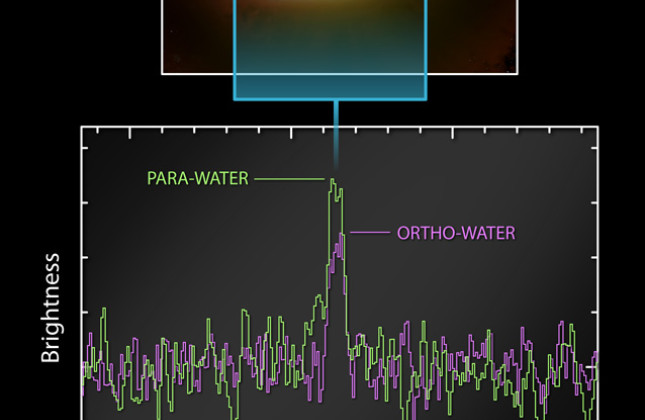 Deze grafiek van de gegevens van het HIFI-instrument aan boord van Herschel laat zien hoe de koude waterdamp is gedetecteerd. Watermoleculen komen voor in twee ‘spin’-vormen, ortho en para, waarin de spin van de twee waterstofkernen verschillende ori