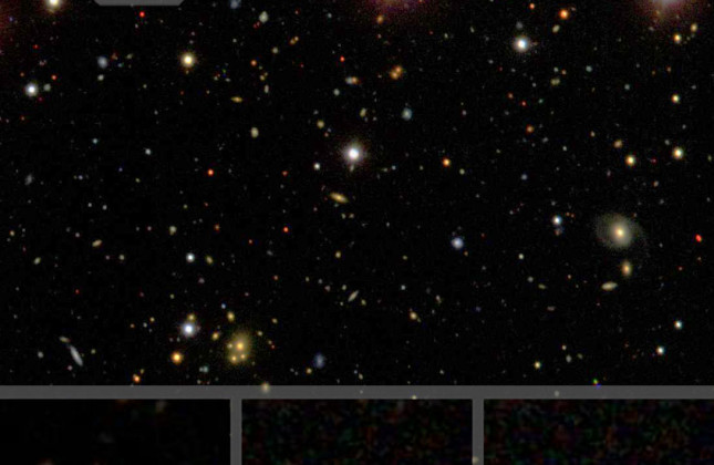 Beelden van de vernietiging van een ster door een zwart gat in de Sloan Digital Sky Survey (credit: SDSS, S. van Velzen). De drie plaatjes zijn een vergroting (1x1 boogminuut), gecentreerd op het melkwegstelsel waarin de vernietiging plaatsvond. Van links