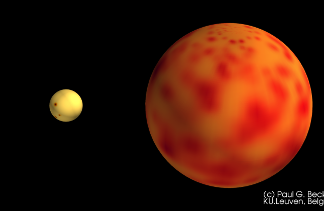 Illustratie van onze zon in vergelijking met een rode reus (rechts) Credit: Paul G. Beck, KU Leuven, België