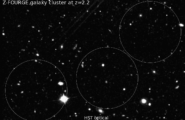 Afwisselend twee afbeeldingen van het zelfde stukje hemel. De ene is genomen in het optische licht (0.8 micron) met de Hubble Ruimtetelescoop, de andere voegt de nabij-infrarood data (2.16 micron) van FourStar toe. De cluster van stelsels in het vroege he