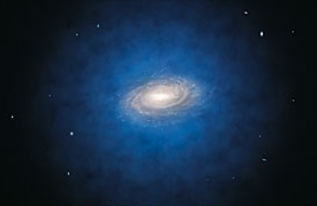 Deze artist’s impression toont het melkwegstelsel. De blauwe halo van materie om het stelsel geeft aan waar de geheimzinnige donkere materie zich zou moeten bevinden. Deze materie is aanvankelijk door astronomen opgevoerd om de rotatie-eigenschappen van
