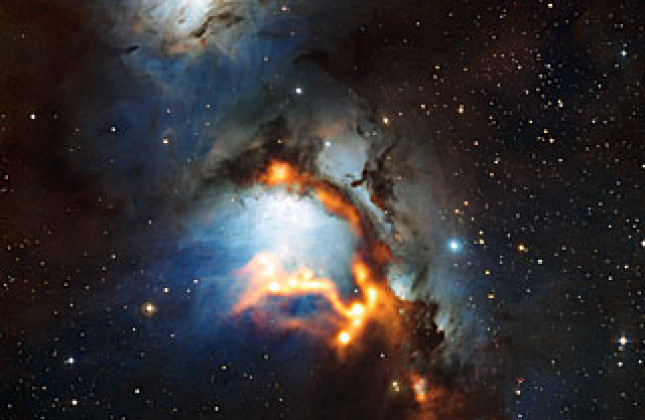 Reflectienevel Messier 78 (c) ESO/APEX (MPIfR/ESO/OSO)/T. Stanke et al./Igor Chekalin/Digitized Sky Survey 2