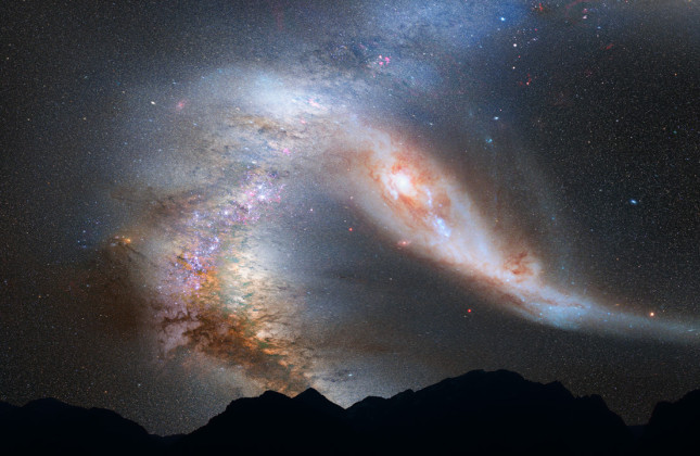 Illustratie van een blik op de sterrenhemel net voor de voorspelde samensmelting van het naburige Andromedastelsel met de Melkweg. 
Over 3,75 miljard jaar begint de schijf van Andromeda het blikveld te vullen en zijn zwaartekracht verstoringen te veroorz