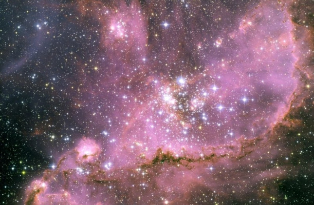 Het centrum van de stercluster NGC346 in de Kleine Magelhaense Wolk (credit: Antonella Nota (ESA/STScI) et al., ESA, NASA). De hoogte van het figuur komt overeen met ongeveer 150 lichtjaar. NGC346 bevat ongeveer 50 procent van de totale hoeveelheid zeer z