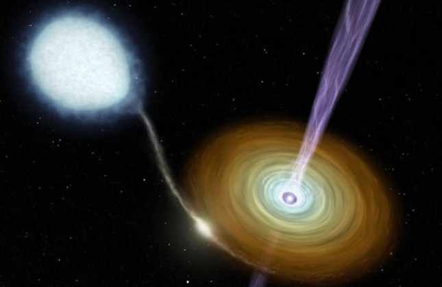 Artist’s concept van een jet die materiaal
wegschiet van een neutronenster (NASA/JPL-Caltech/R. Hurt (SSC))
