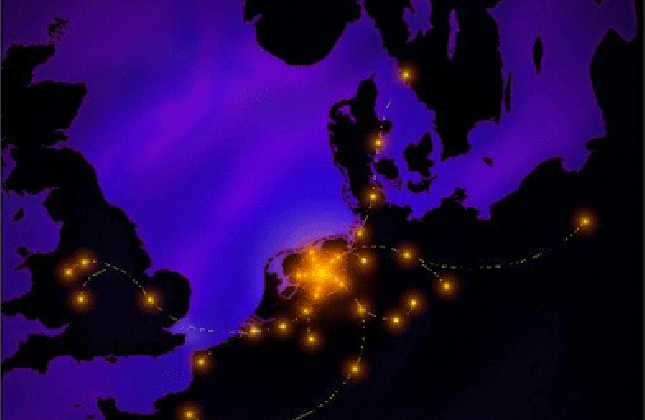 Een plattegrond met daarop een impressie van de LOFAR telescoop. De antennes zijn in groepen van honderd stuks bij elkaar geplaatst. De paar honderd van deze 'stations' (de heldere punten) zijn d.m.v. een snel glasvezelnetwerk (stippellijnen) met elkaar v