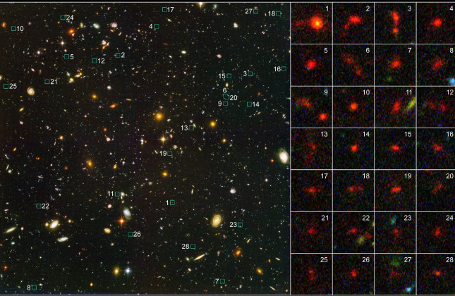 Deze afbeelding laat 28 van de 506 sterrenstelsels zien. Deze 28 sterrenstelsels liggen in het 'UDF', het Ultra Deep Field. De stelsels zijn genummerd in het plaatje links, en worden uitvergroot vertoond aan de rechterkant. De kleuren van de sterrenstelse